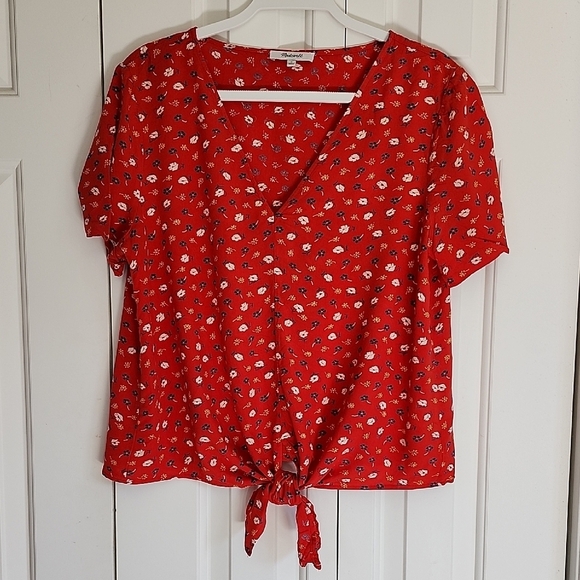 Madewell Tops - Madewell Women's Novel Tie Front Top Red Prairie Posies Short Sleeve Size Small